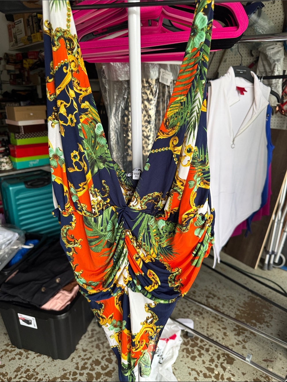 Fashion Nova Tropical V-Neck Ruched Camisole - Orange, Navy & Green
